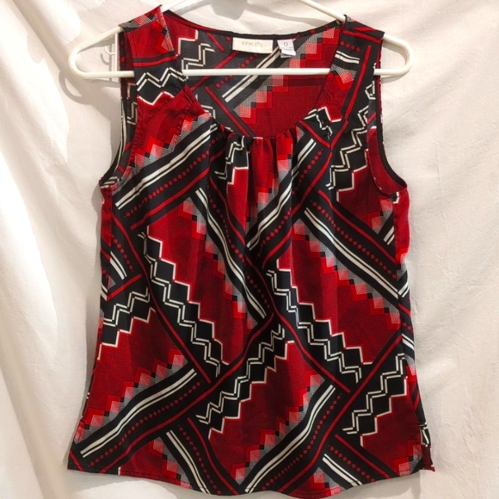 Chico's | Modern Deep Red Black Pattern Sleeveless Top Gathered Front Neck | S
